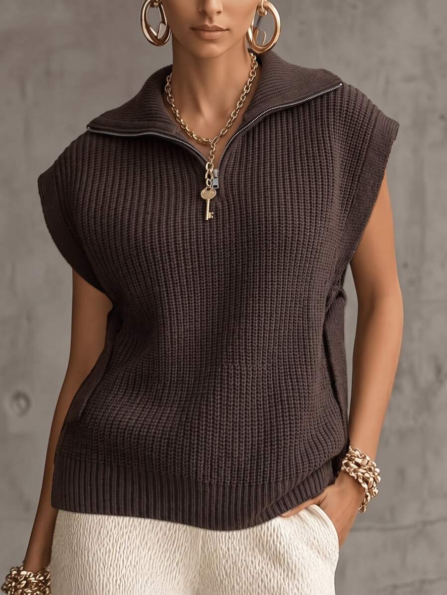 Breezaya Women's Solid Color Half-Zip Design Casual Versatile Knit Vest - Coffee Brown - View 1