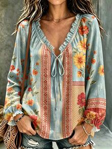 Glimmora Women's Floral Print Frill Trim Front Tie Long Sleeve Casual T-Shirt - Multicolor - View 1
