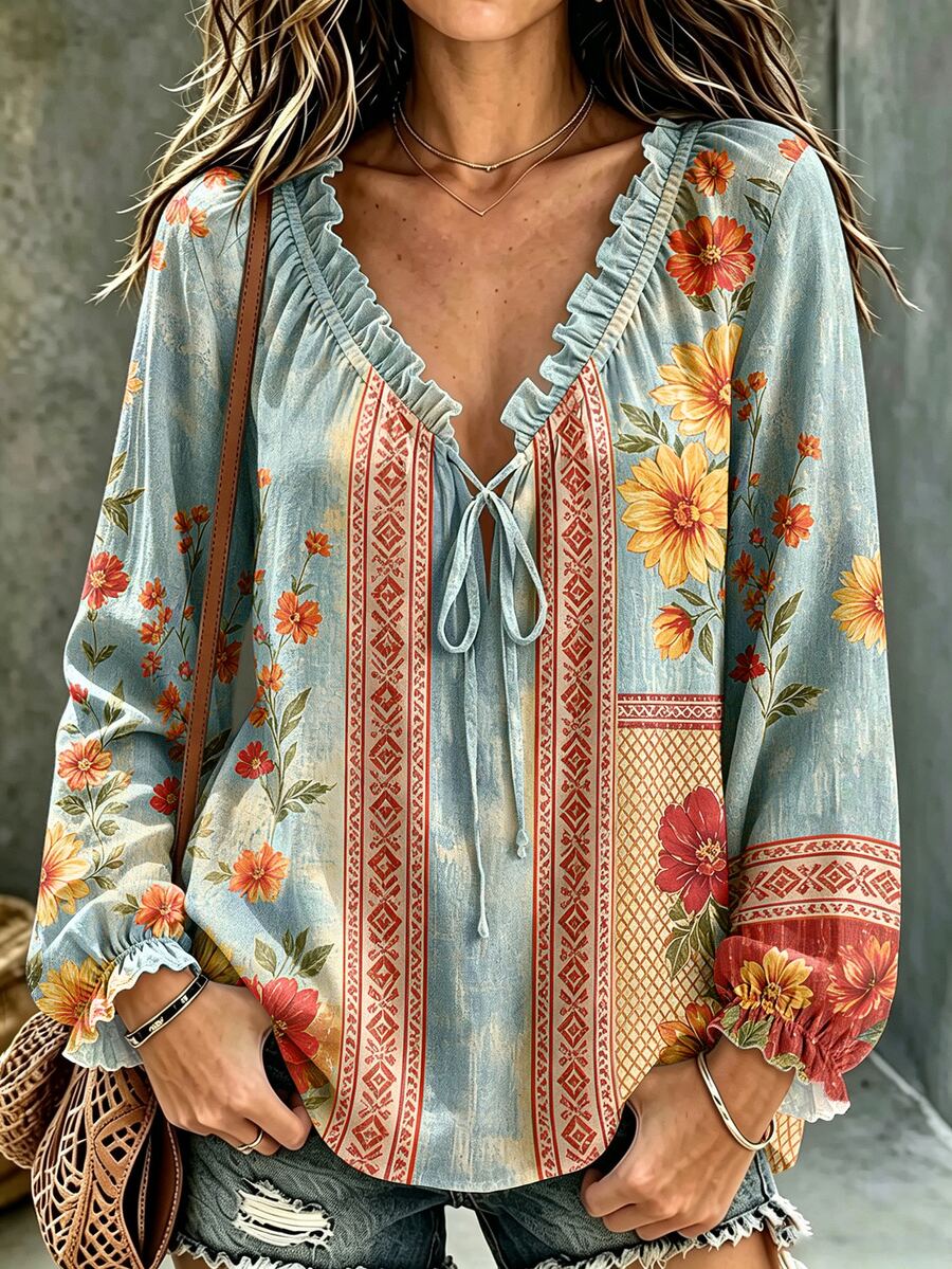 Glimmora Women's Floral Print Frill Trim Front Tie Long Sleeve Casual T-Shirt - Multicolor - View 1