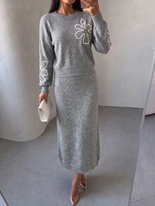 Modelyn Women's Elegant 2 Pieces Set With Applique Faux Pearl Decor Drop Shoulder Long Sleeve Sweater And Knitted Skirt - Grey - View 4
