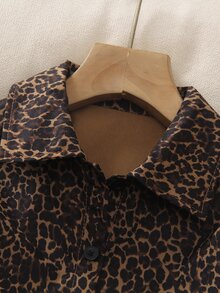 SHEIN 青少年女孩棕色豹紋長袖鈕扣襯衫，休閒動物印花街頭風秋季上衣 - 棕色 - 查看 3