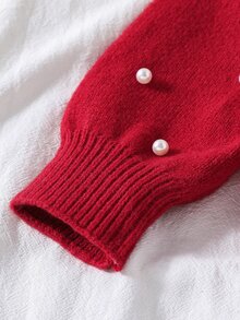 SHEIN Young Girl Solid Color Kids Knit Round Neck Puff Sleeve 3D Embroidered Beaded Loose Casual Autumn Winter Sweater - Red - View 4