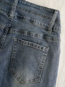 Jeanoix Petite Y2K Women's Petite Streetwear Retro Mid-Blue Denim Flare Jeans, All Season - Dark Wash - View 5