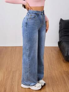 SHEIN PETITE Women's Outdoor Fashion All-Season Versatile Petite Blue Denim Wide Leg Pants - Dark Wash - View 4