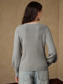 Anewsta Elegant Commuter Gray Vertical Ribbed Knit Sweater For Women, Round Neck Slim Fit Lantern Sleeve Pearl Button Wavy Hem Long Sleeve Pullover Top - Grey - View 2