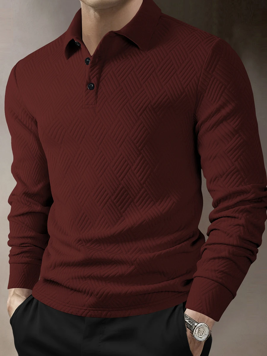 Calvornis 1pc Men Solid Color Plain Front Button Long Sleeve Simple Collar Polo Formal Shirt, Casual Everyday Wear, For Work, For Husband, For Fall, Ceremony - Burgundy - View 1