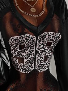 Amplova Lace Fitted Bodycon Fully Sheer Digital Sports Sexy #98 Number Leopard Print Satin Lace Patchwork Women's Top - Black - View 6