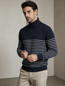 Manfinity CasualKnits 男士條紋高領長袖休閒百搭毛衣 - 彩色 - 查看 1
