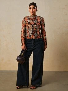 Travachic 大尺碼女款浪漫花卉印花長袖上衣 - 彩色 - 查看 4