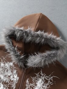 ROMWE MEN Goth 男士哥德風圖案休閒百搭毛絨拼接連帽衫 - 棕色 - 查看 4