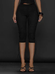 Musera Petite Black Solid Color Lace-Up Casual Versatile Cropped Leggings Autumn Winter Back To School Daily Everyday - Black - View 2