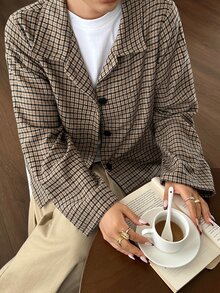 Dazy Plus Plus Size Women's Plaid Casual Versatile Daily Travel Long Sleeve Jacket - Khaki - View 1