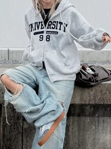 FRIFUL 女款刺繡時尚拉鍊連帽衛衣 - 灰色 - 查看 7