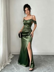 Elenzga Women's Summer Elegant Solid Color Off-Shoulder Spaghetti Strap High Slit Dress - Dark Green - View 6