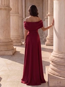 Coutiva Women's Elegant Fashion Cold Shoulder High Waist Evening Party Long Dress - Red - View 2
