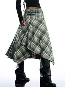 LYSMO Women's Waist Buckle Design Plaid Asymmetrical Hem Casual Skirt - Multicolor - View 3