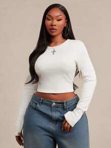 SHEIN SXY تي شيرت نسائي مقاس كبير بلون موحد كاجوال متعدد الاستخدامات للاستخدام اليومي بأكمام طويلة للشتاء - أبيض - مشاهدة 1
