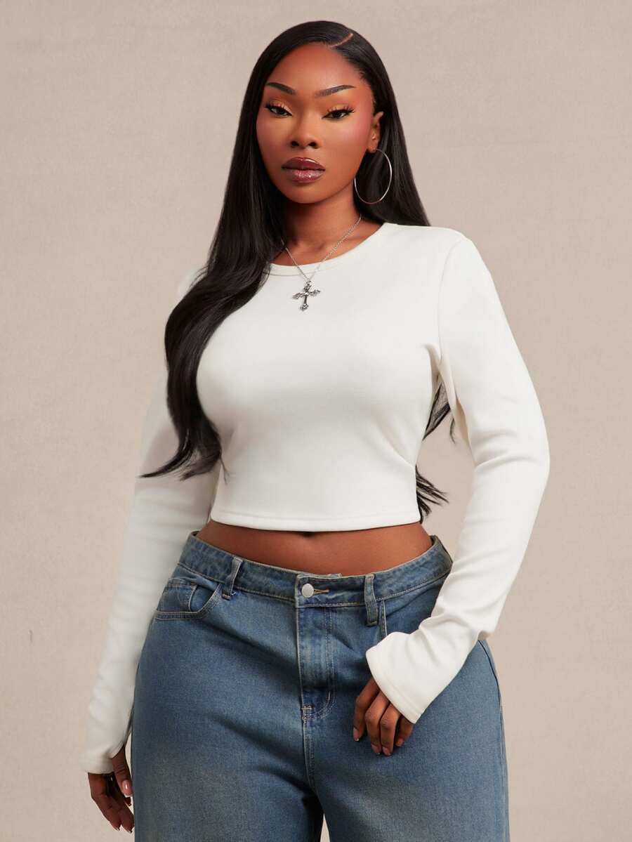 SHEIN SXY تي شيرت نسائي مقاس كبير بلون موحد كاجوال متعدد الاستخدامات للاستخدام اليومي بأكمام طويلة للشتاء - أبيض - مشاهدة 1
