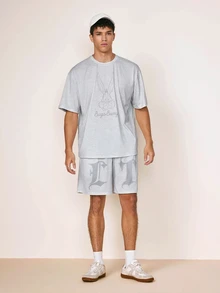 LOONEY TUNES X SHEIN Men's Cartoon Print Short Sleeve T-Shirt And Drawstring Waist Shorts Set - Grey - View 6