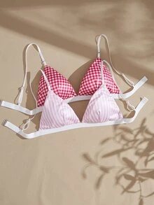 Lullawish Young Casual Contrast Color Plaid & Striped Contrast Lace 2 Pieces Women's Bra Set - Multicolor - View 1