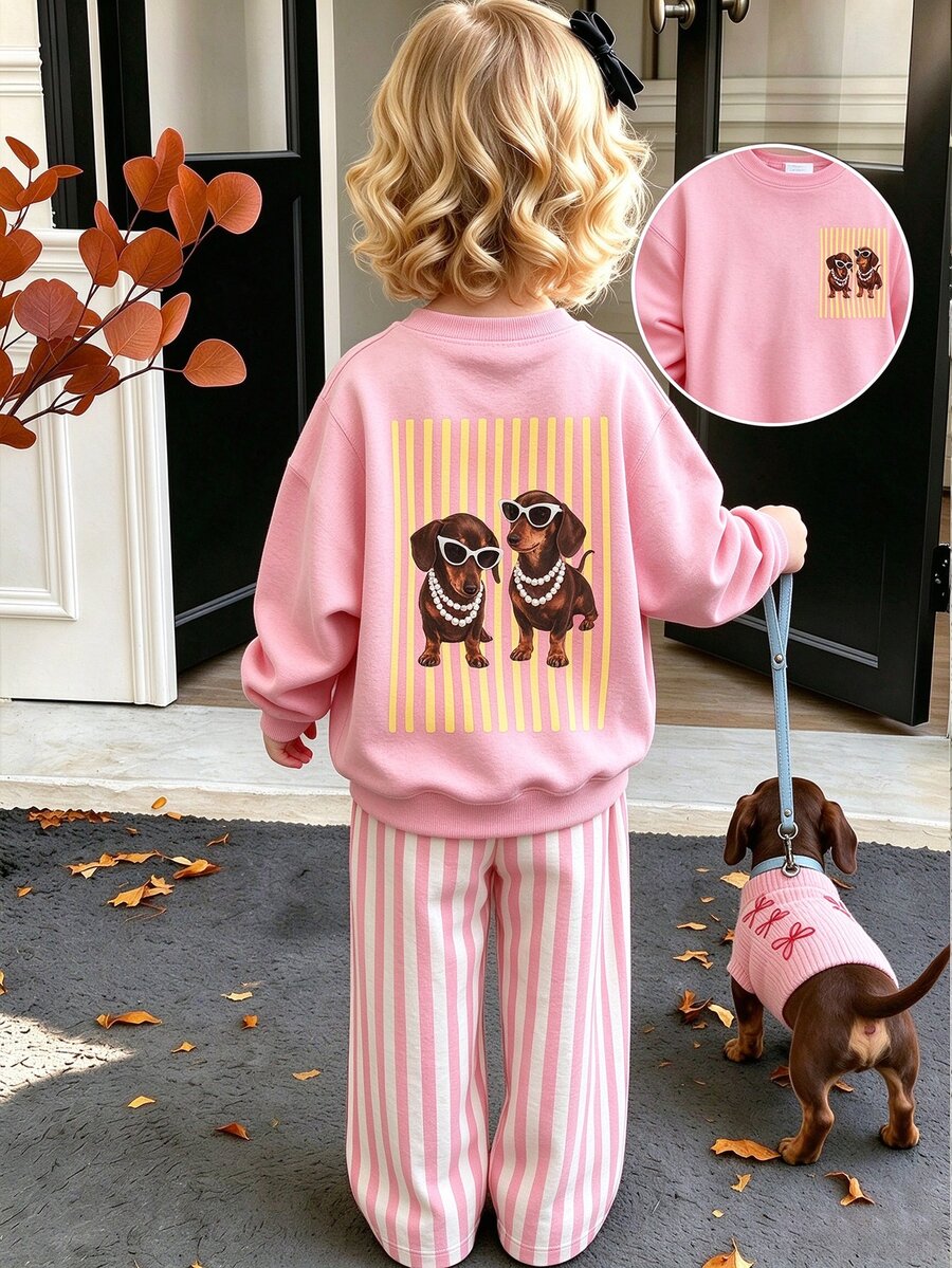 SHEIN Playful Pals 女嬰 2 件組秋季套裝 卡通狗狗印花圓領衛衣與條紋長褲 可愛休閒嬰兒服 - 彩色 - 查看 1
