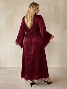 Auralis 大尺碼優雅緞面蕾絲拼接晚宴雞尾酒婚禮賓客洋裝 棕色 秋冬款 - 酒紅色 - 查看 2
