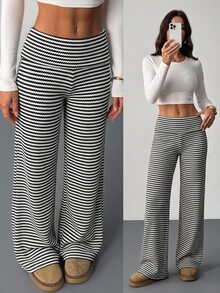 SHEIN Tall 女款休閒卡其色條紋長褲，適合工作與休閒穿著 - 黑與白 - 查看 4