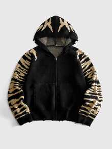 ROMWE MEN Men Graffiti Letter Graphic Distressed Zip Up Hooded Knit Cardigan, Contrast Grunge Streetwear Sweater - Black - View 1