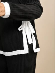 Edennvi Plus Size Women's Autumn Fashion Contrast Trim Round Neck Long Sleeve Knit Top And Pants Casual Elegant Set Fall Homewear Going Out Black And White - Black and White - View 5