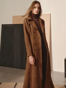 MOTF PREMIUM SUEDE VELVET CONTRAST BLACK PU SPROUT WAIST-CINCHING FLARED DOUBLE-BREASTED MID-LENGTH COAT FOR AUTUMN/WINTER - Brown - View 6