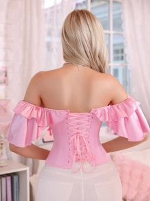 PetitDoll 1 peça Top Bustier com Babados e Patchwork de Cor Sólida - Rosa - Ver 2