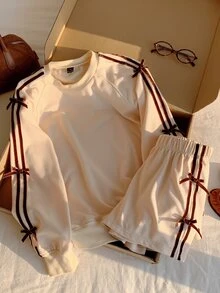 Comfortcana Women's Bowknot Decor Raglan Long Sleeve Sweatshirt And Shorts Casual 2 Pieces Set - Apricot - View 7