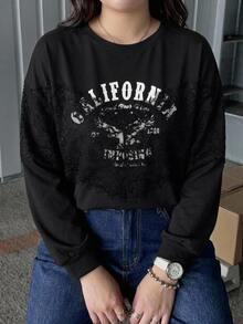 Dazy Plus 對比蕾絲設計 2 合 1 字母印花 寬鬆版型 韓系黑色 T-shirt 家居服 晚間休閒 新穎款 秋季 - 黑色 - 查看 1