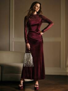 MOTF PREMIUM WOMEN'S CONTRAST MESH LONG SLEEVE PLEATED DESIGN SLIM FIT ELEGANT OCCASION MAXI DRESS - Burgundy - View 4