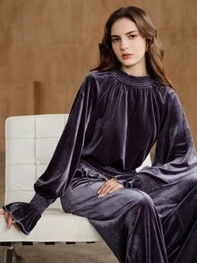 Anewsta Women's New Autumn/Winter Elegant Velvet Fabric Shirred Ruffle Lantern Long Sleeve Romantic Blouse - Purple - View 3