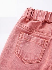 SHEIN 女童時尚可愛街頭風愛心刺繡寬鬆直筒牛仔長褲 - 粉色 - 查看 6
