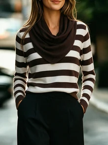 SHEIN Holidaya Women Draped Cowl Neck Knit Sweater, Autumn Slim Long Sleeve Basic Undershirt - Multicolor - View 8