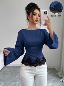Siren Gaze 女款蕾絲拼接百褶休閒法式優雅百搭日常穿著襯衫 早午餐秋季 - 藏蓝色 - 查看 5