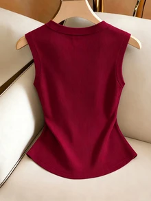 Franclia Women's Solid Color Button Design V-Neck Casual Versatile Tank Top - Burgundy - View 2