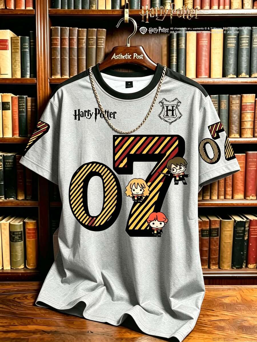 Manfinity HARRY POTTER X SHEIN 男士角色與數字圖案印花T恤,對比色圓領短袖上衣,適合休閒日常穿著、街頭風與校園穿搭 - 彩色 - 查看 1