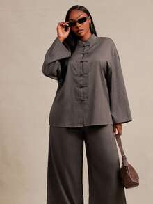 SHEIN SXY Brown Chinese Style Long Sleeve Frog Button Shirt And Pants 2 Pieces Set Fall - Brown - View 6