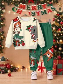 Infant Round Neck Long Sleeve Long Pants Casual Comfortable Set, Classic Christmas Pattern Print, Classic Cute Tiger Pattern Print, Christmas Sloth Pattern Print, Classic Christmas Crocodile Pattern Print, Suitable For Christmas, Suitable For Autumn/Winter - Multicolor - View 5