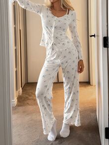 DAZY Women's All-Over Print Long Sleeve Top And Pants Casual Daily Home Sleepwear Set - White - View 3