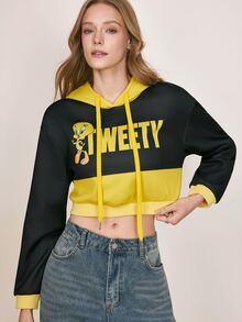 LOONEY TUNES X SHEIN Women's Cartoon Pattern Striped Print Long Sleeve Cropped Sweatshirt - Black - View 1