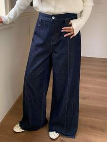Dazy Plus Vintage Washed Blue Loose Distressed Split Line Waist Decor Plus Size Loose Fit Long Denim Dress, Plus Size Women Autumn Women Jeans - Dark Wash - View 6