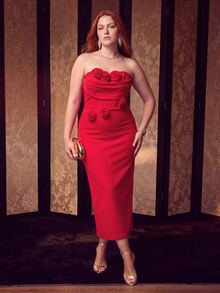 MOTF Soiréza PLUS SIZE WOMEN'S STRAPLESS 3D FLORAL ELEGANT EVENING DRESS - Red - View 7