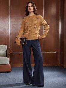 Anewsta Women's Autumn/Winter Fashion Sweet Style Little Bee Decor Long Sleeve Cable Knit Sweater, Versatile For Commuting And Holidays - Brown - View 6