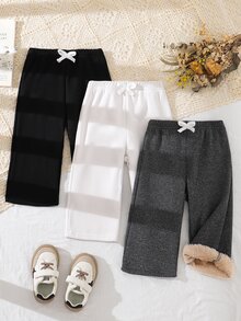 SHEIN Vintaside Kids 3件組幼童女款可愛甜美黑色白色灰色蝴蝶結鬆緊腰長褲 毛絨內裡加厚保暖 秋冬戶外休閒舒適長褲 - 黑色 - 查看 3