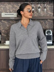 Dazy Plus Lazy Chic Turn-Down Collar Autumn/Winter Elegant Inner Layer Short Polo Neck Sweater - Grey - View 5