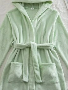 Jubah Berkerudung Kasual Serbaguna dengan Ikat Pinggang Warna Polos untuk Anak Perempuan Remaja - Hijau - View 4